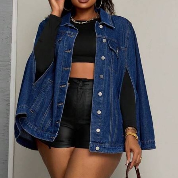 Dark Wash button down jeans denim cape jacket - Picture 3 of 6